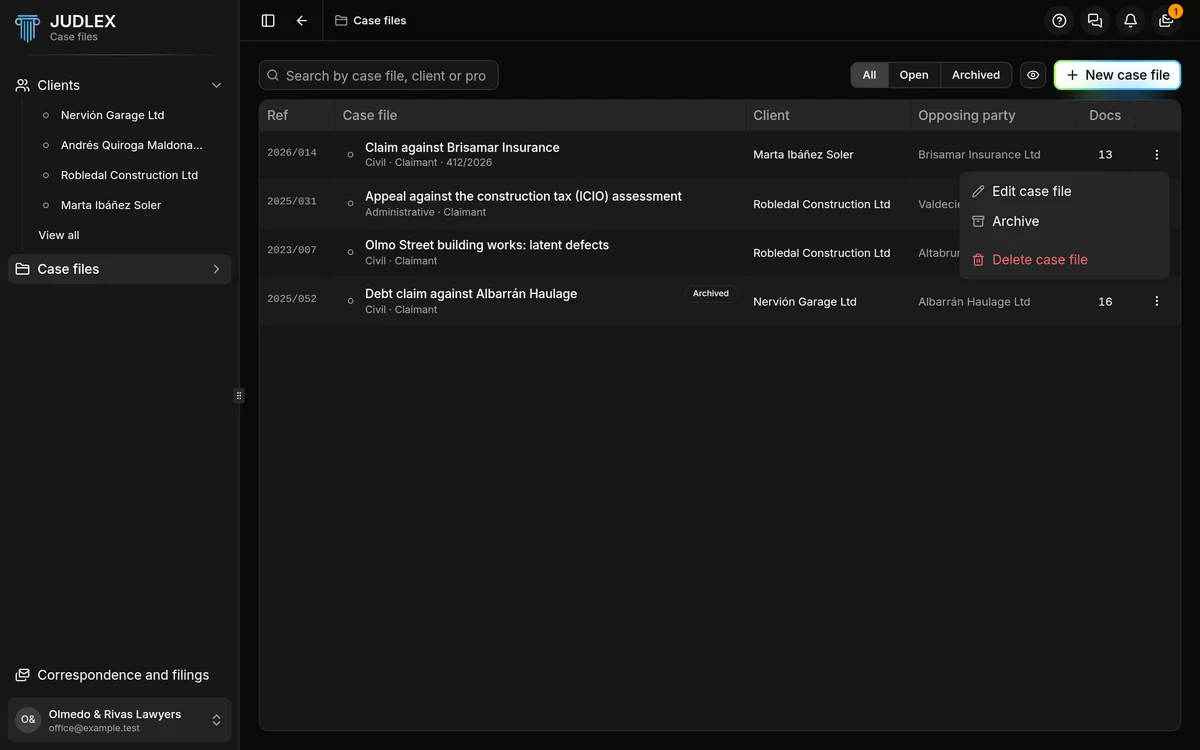 The menu of a row in the case file list
