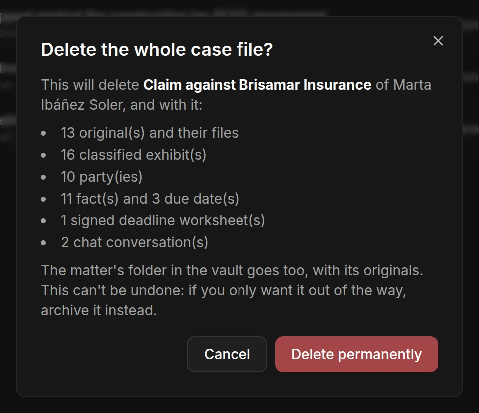 The warning before deleting a case file