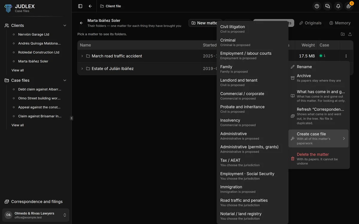 The Create case file menu of a matter, with the list of types