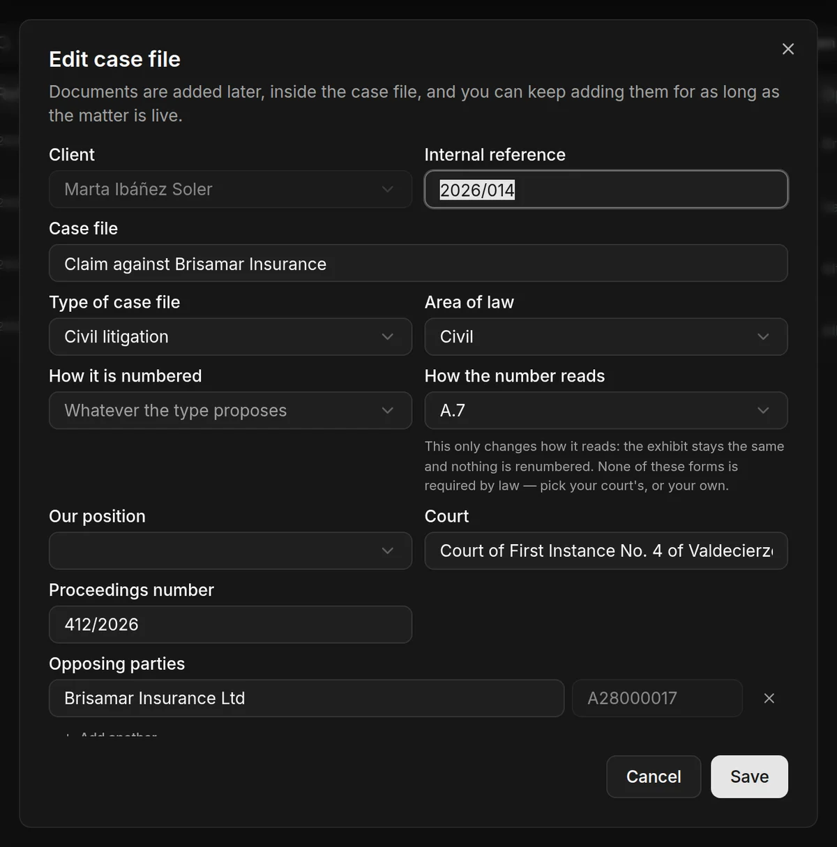 The Edit case file dialog
