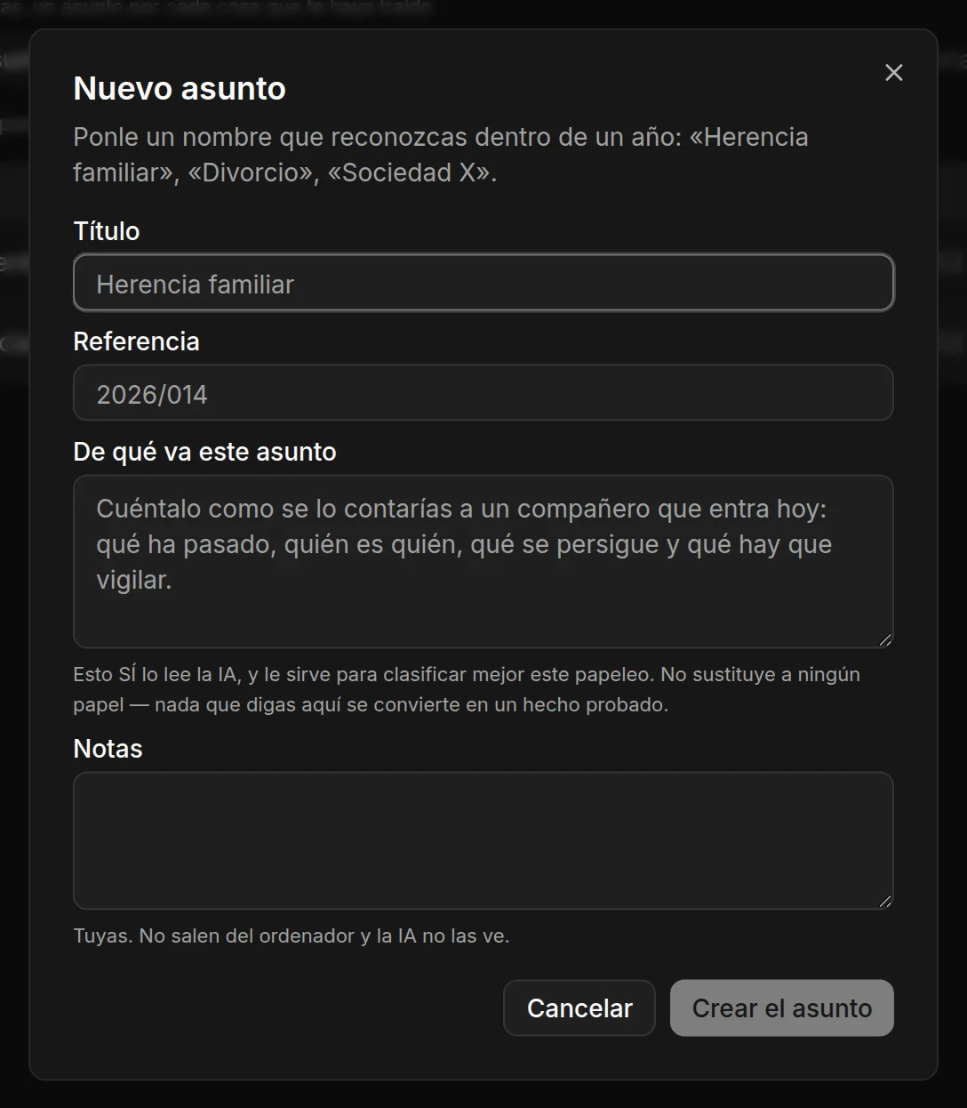El formulario para crear un asunto