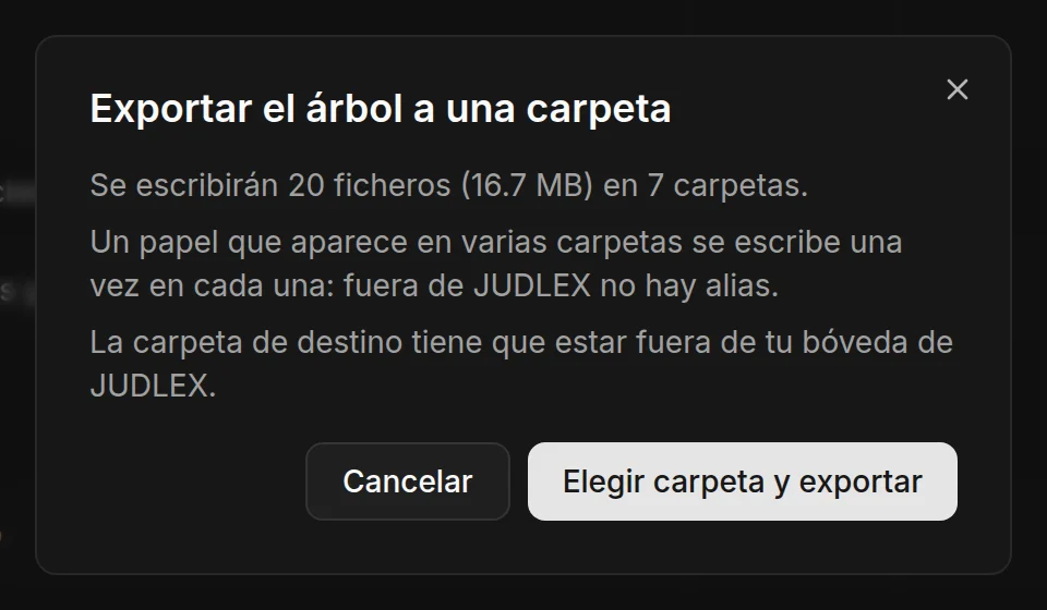 El diálogo de exportar el árbol de un asunto