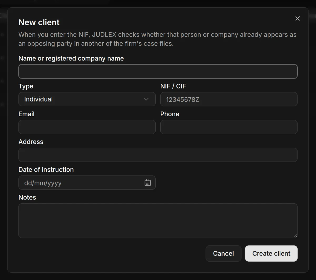 The new client form