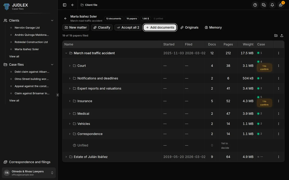 The client file with the Add documents button