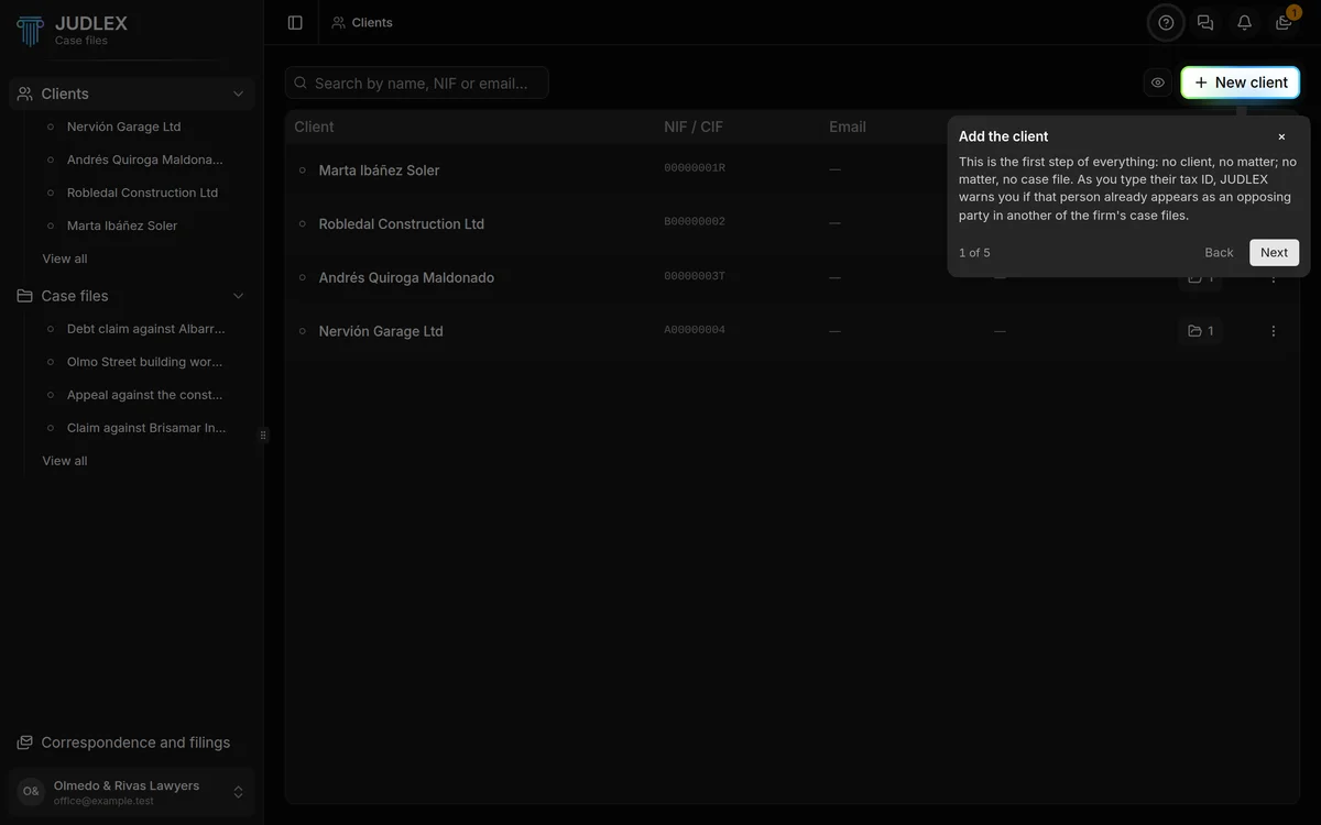 The guide points to the New client button