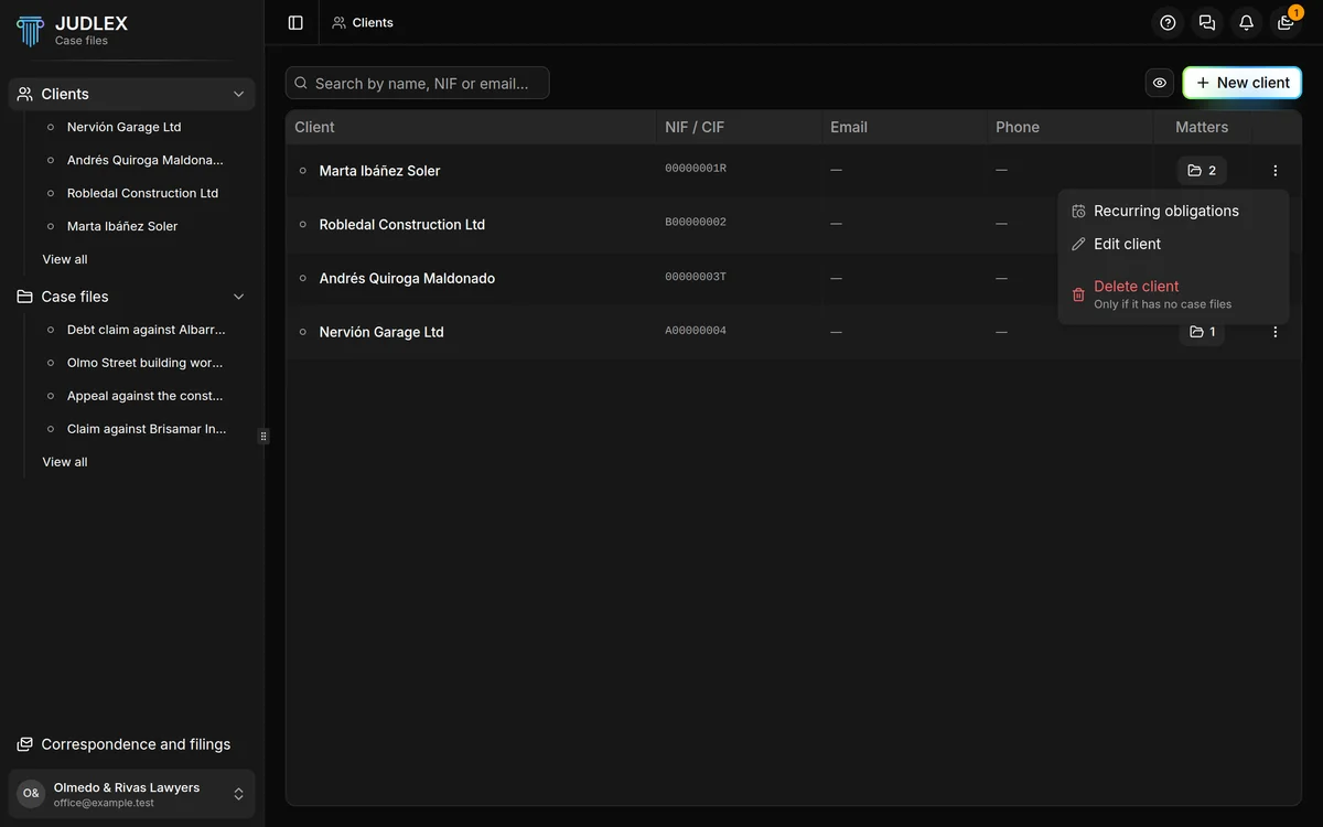 A client's actions menu