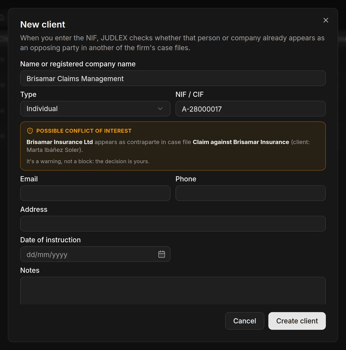 The possible conflict of interest warning in the client form