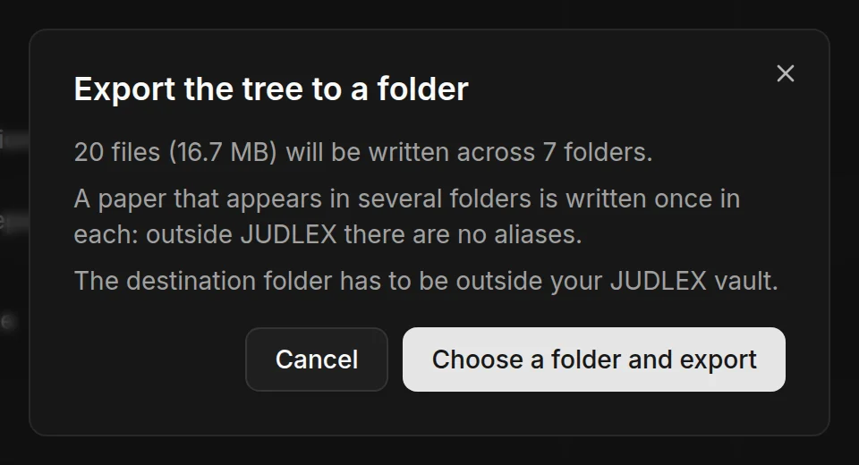 The dialog for exporting a matter's tree