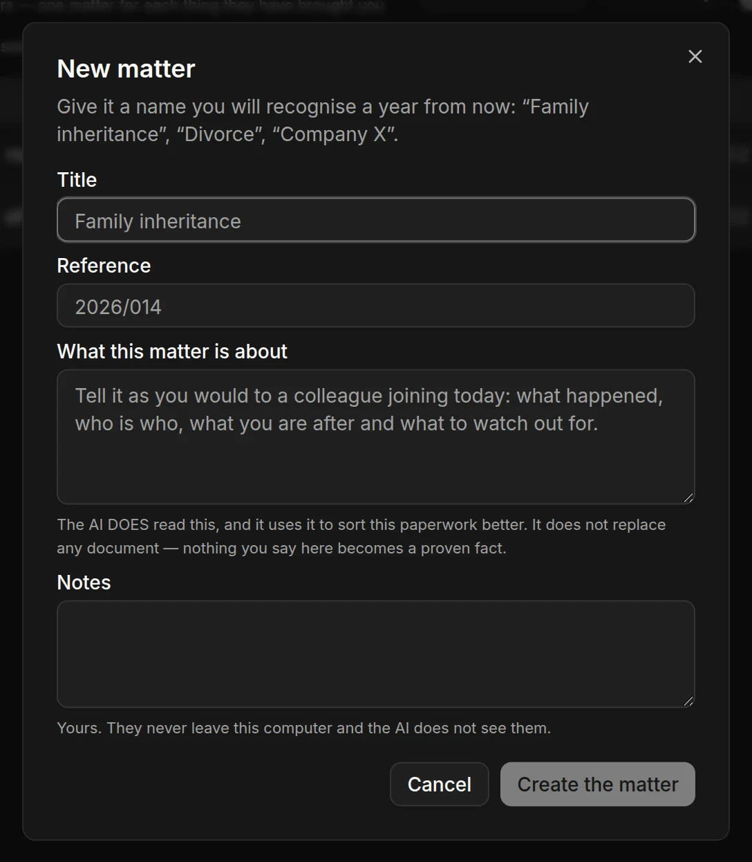 The form for creating a matter