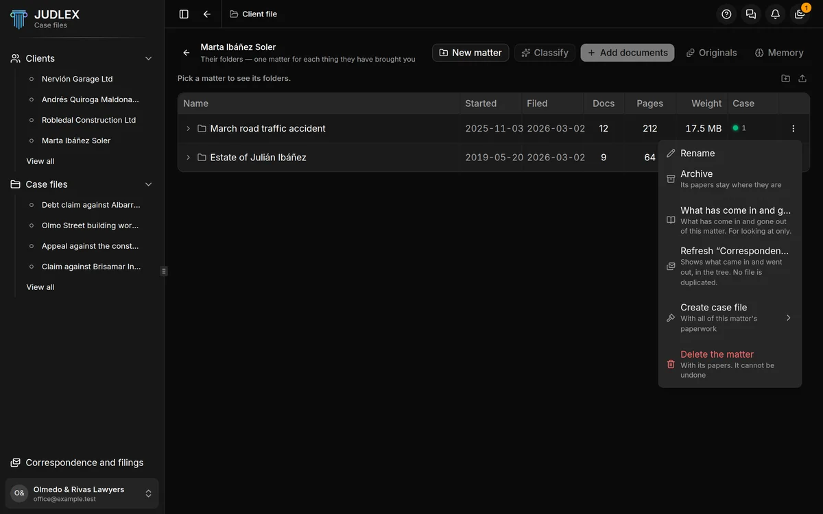 A matter's actions menu