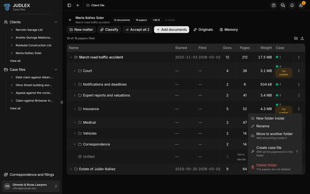 A folder's actions menu