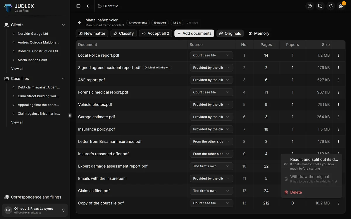 A document's menu in Originals, with Read it and split out its documents