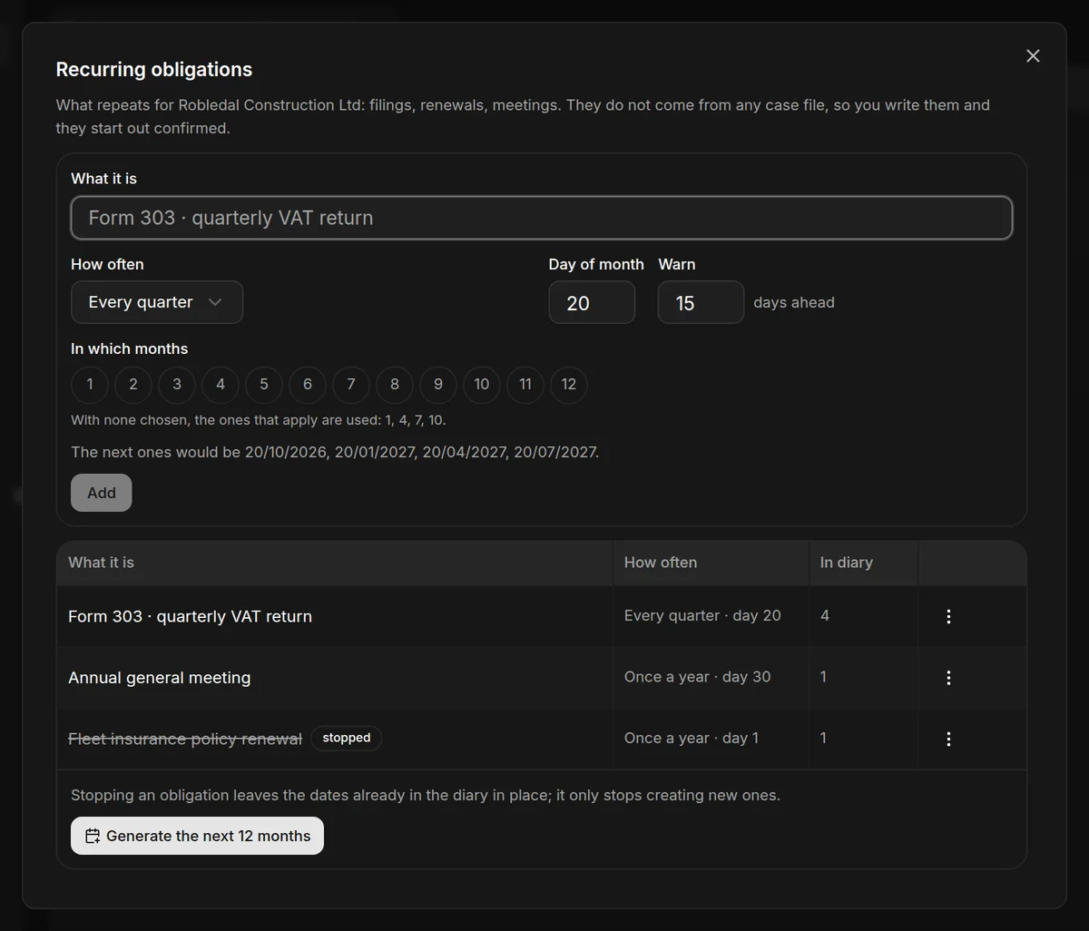 The form for a recurring obligation