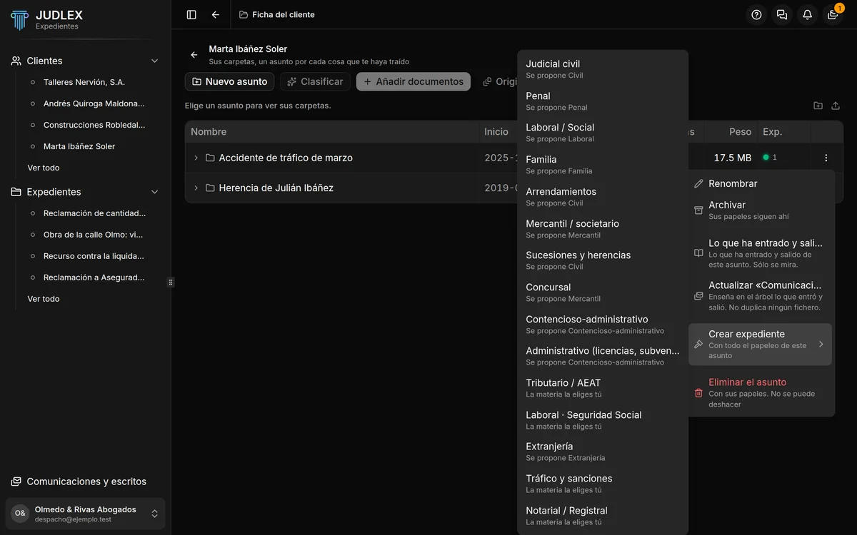 El menú Crear expediente de un asunto, con la lista de tipos
