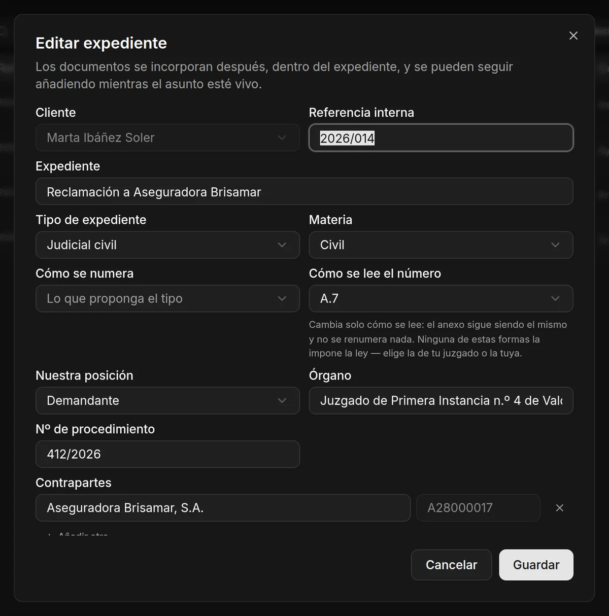El diálogo Editar expediente