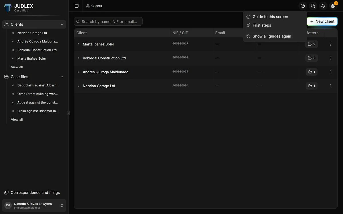 The Help menu open, with Guide to this screen, First steps and Show all guides again