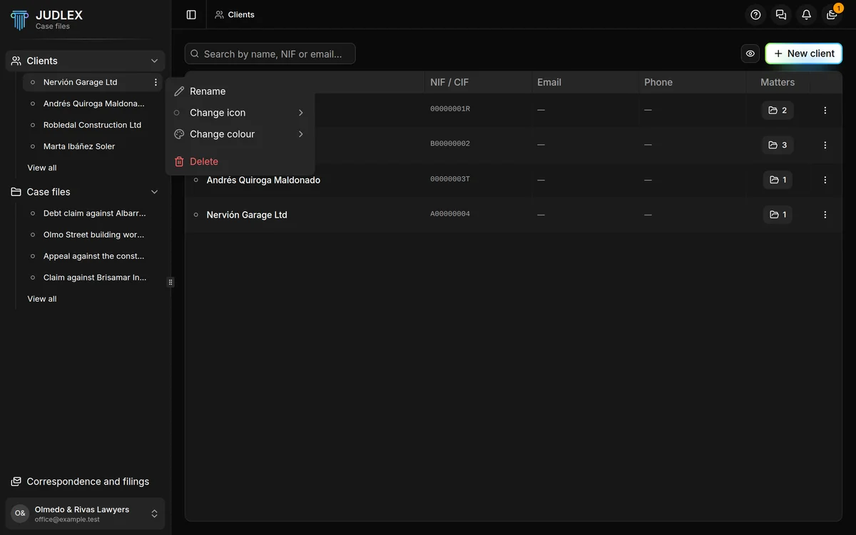 A client's options in the sidebar